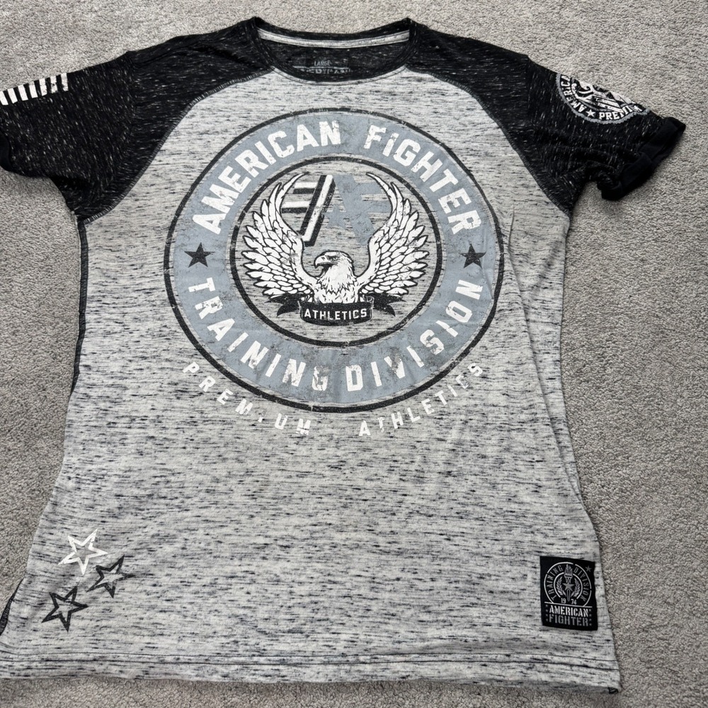 American Fighter Men's Large T-shirt Gray Double Sided Graphic Small Hole Read